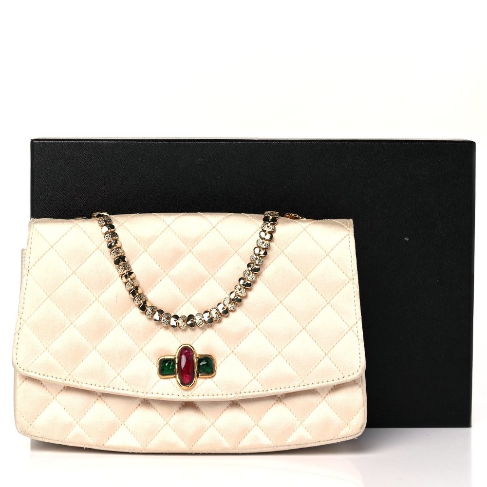 CHANEL Vintage Gripoix Glass Quilted Satin Bag - Cream Satin Gold Chain